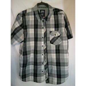 Hart and Huntington Plaid‎ Button Up Shirt Mens Large Short Sleeve Black Gray